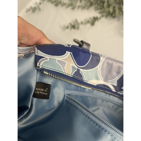 Coach Signature Op Art Scarf Print Blue Sateen Gallery Tote Handbag - Picture 8 of 12